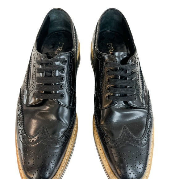 Prada Black Brogue Leather Platform Low Top Sneakers - Picture 2 of 7